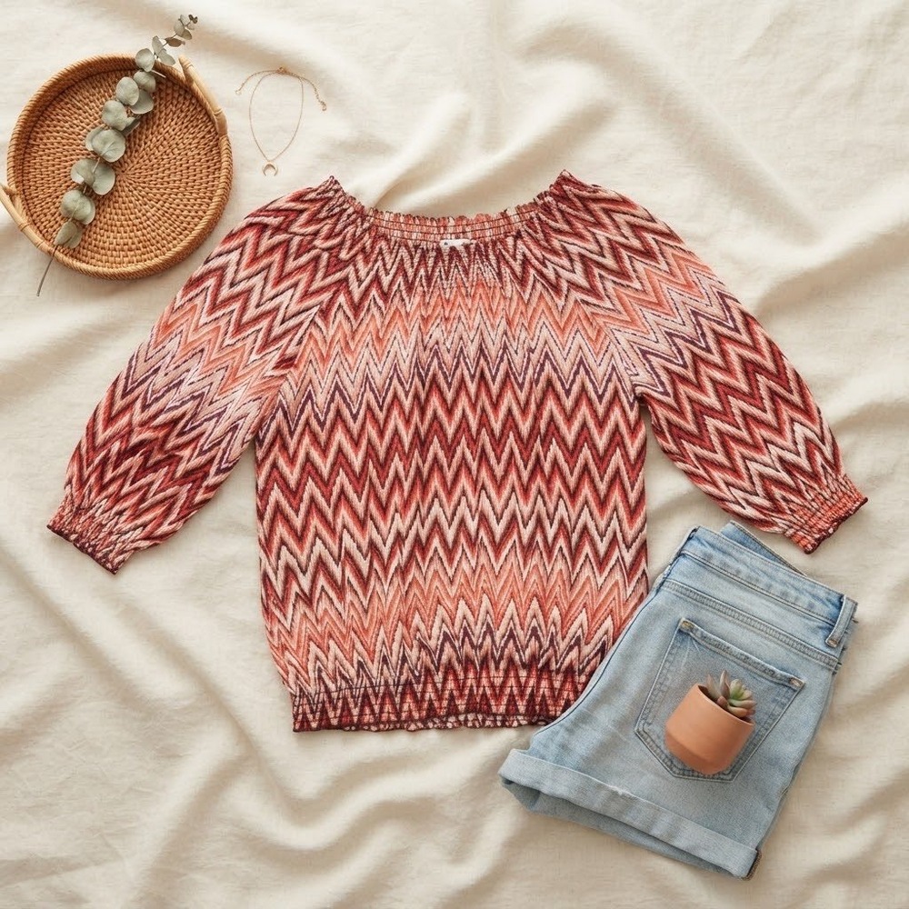 Isela Womens Chevron Zigzag Off Shoulder Smocked Blouse Orange Red Size M